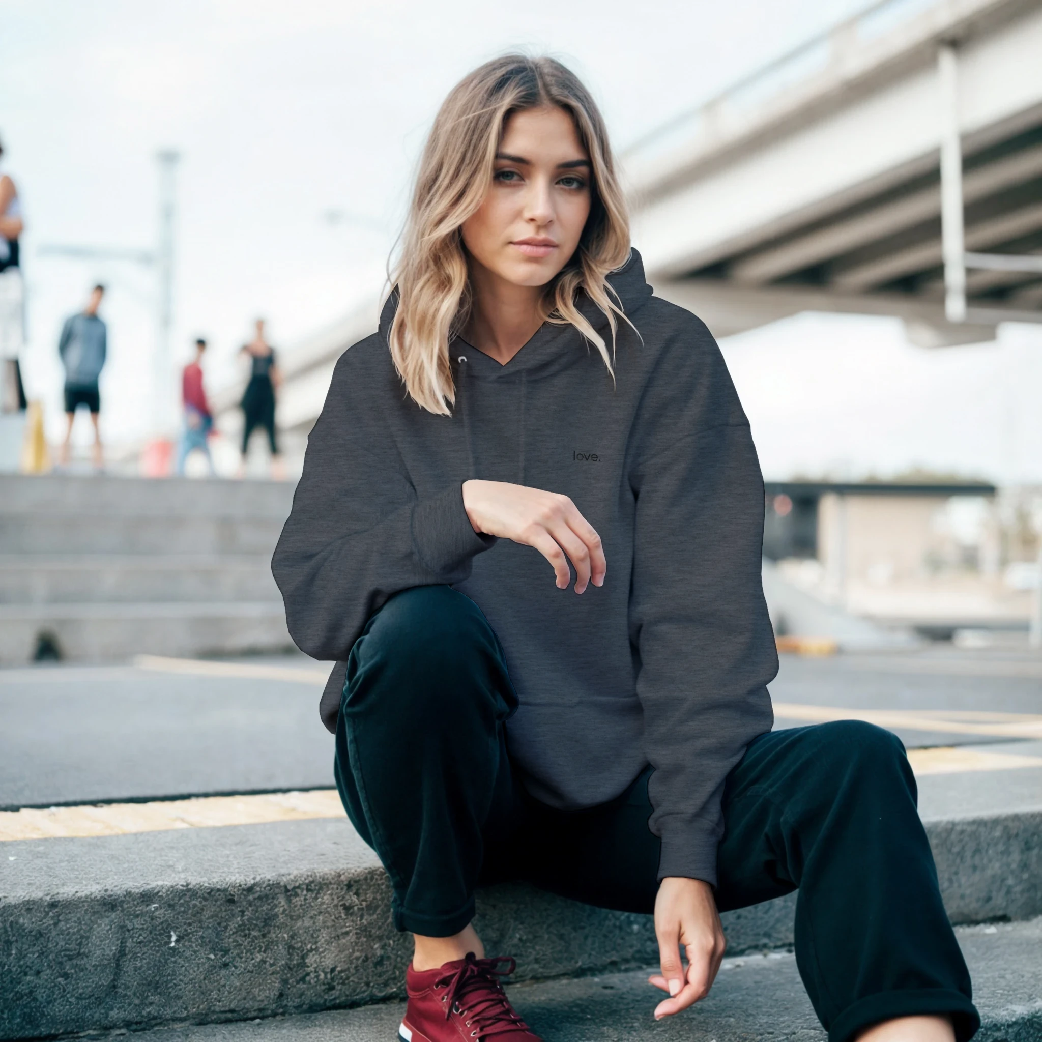 love. · Embroidered Adult Hoodie Dark Heather - BM ink.